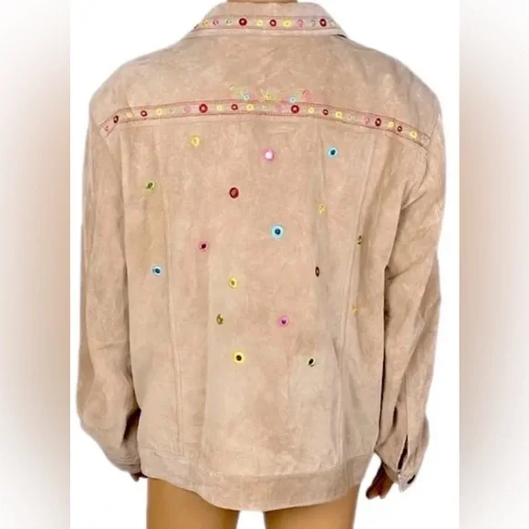 CHICO's Chicos Tan Suede Leather Jean Style Jacket  Boho Embroidery Accent 3 XL - Picture 6 of 7